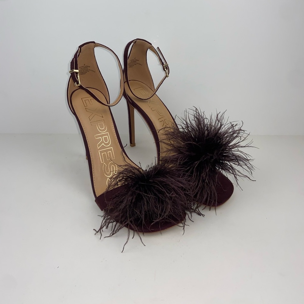 Heel Sandals Stilettos Size 9 Pom Pom by Express Heels Brown Burgundy color